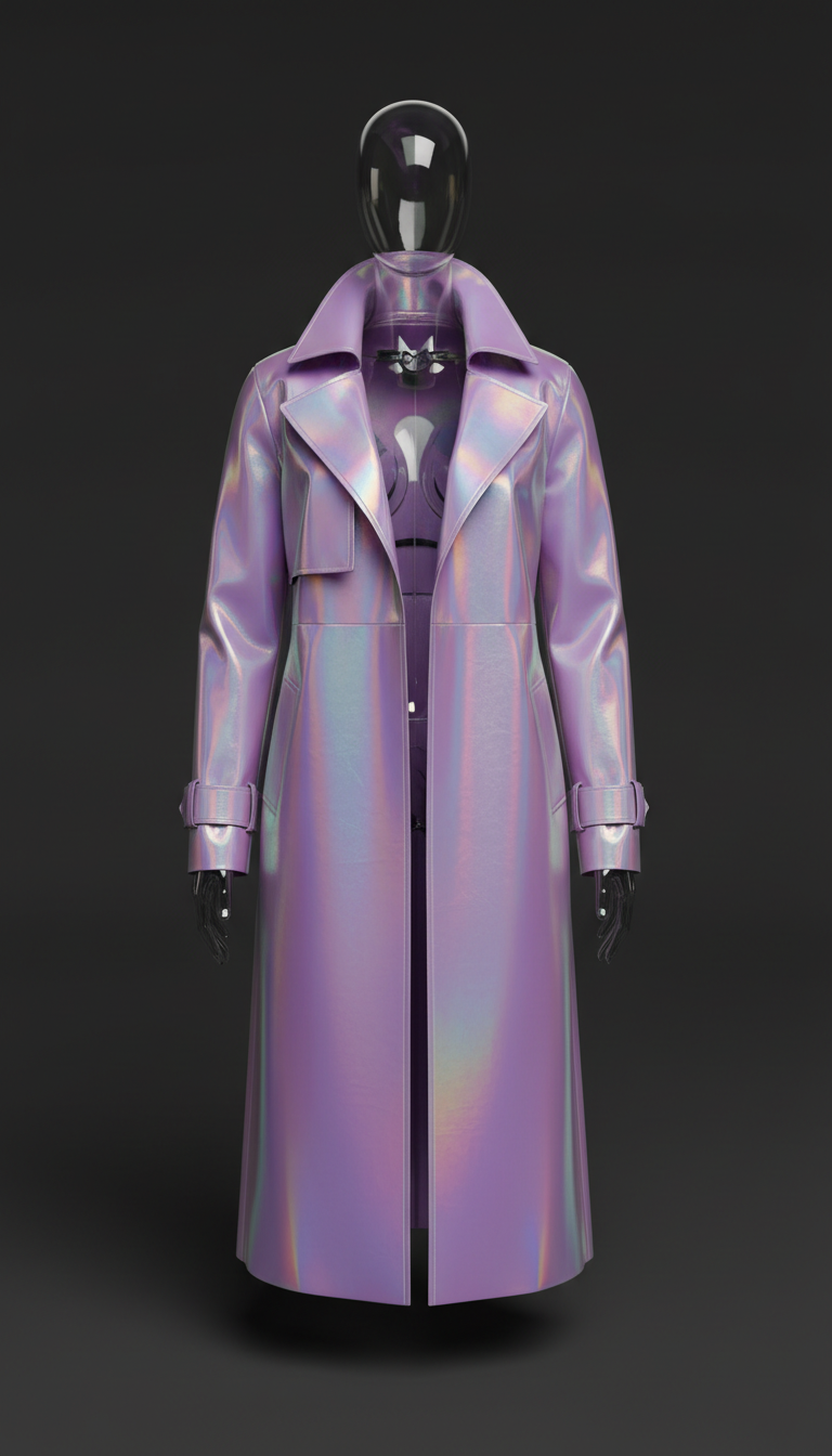 Iridescent violet holographic trench coat